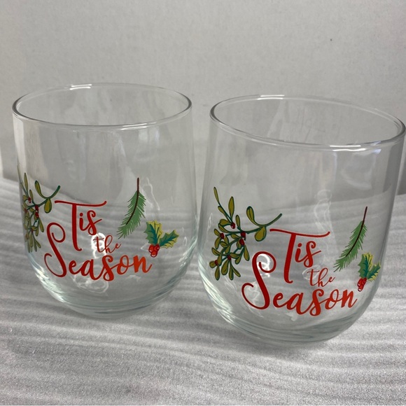 TIS THE SEASON Printed Stemless Wine Glasses Red Green 16.8oz, Set of 2 - Picture 1 of 3